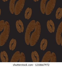 Coffee beans on a black background. Seamless pattern. Vector illustration.