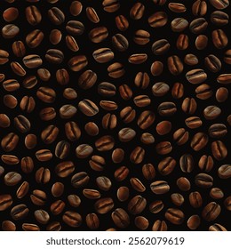 Coffee beans on a black background. Seamless texture. High detailed realistic illustration.