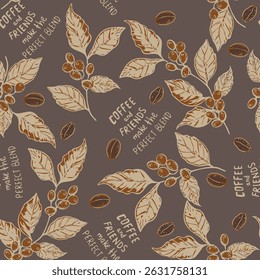 Coffee beans on branch sketch seamless pattern, preparation of drinks in the Coffee House. Vector illustration isolated on dark brown background.