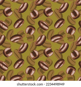 Granos de café en un fondo verde oscuro. Patrón sin inconvenientes, impresión, ilustración vectorial