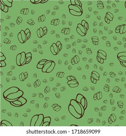 Coffee beans on a green background. Seamless pattern, vector on a background of color of a sheet of coffee. Simple coffee beans, nature, the color of natural foliage.
