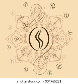 Coffee beans on henna mandala background print. Bohemian beige card for wall poster decoration or kitchen.