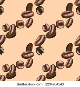 Granos de café en un fondo beige claro. Patrón sin inconvenientes, impresión, ilustración vectorial