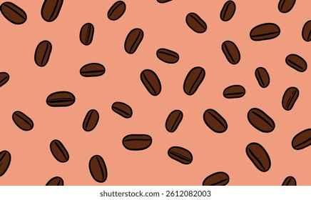Coffee beans on peach fuzz color background seamless pattern. Seamless pattern of coffee beans. Coffee grain illustration. Seamless brown coffee bean pattern in salmon color background. Template.