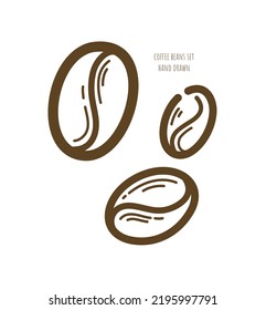 Coffee beans on white background. Food vector set. Medium roast. Decorative element for shop, cafe menu design, advertising layout. Hand drawn art illustration. Espresso blend. Graphic linear sketch.