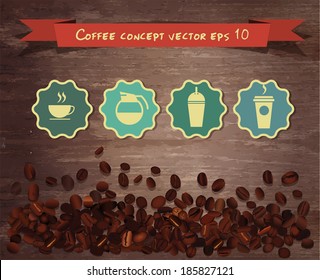 Coffee beans on wood background, With Coffee icons vector illustration template design 