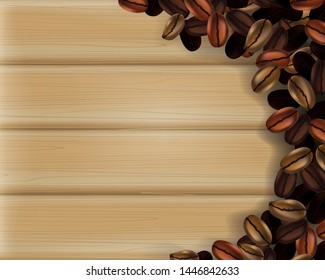 Coffee beans on wood planks background. Colorful coffee beans.