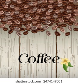 Coffee beans on a wooden background.Vector illustration with coffee beans and text on a wooden background.