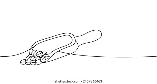 Coffee beans on wooden scoop one line continuous drawing. Hand drawn elements for cafe menu, coffee shop. Vector linear illustration.