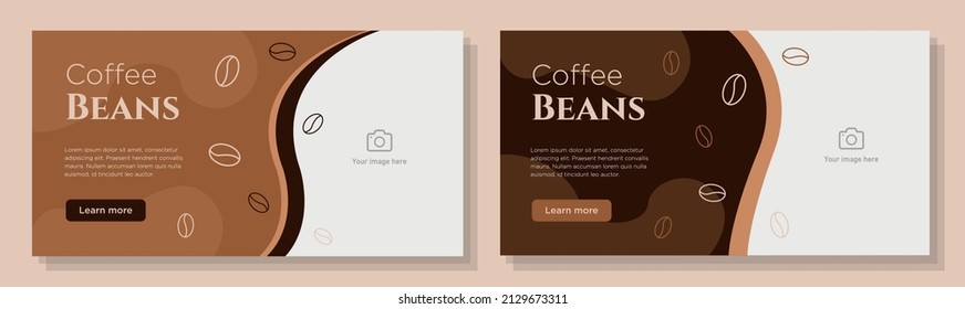 Juego de plantillas de banner en línea para judías de café, alubias de capuchino marrón anuncio corporativo, anuncio horizontal, espresso, página web de la campaña de latte macchiato, volante, folleto creativo, aislado en segundo plano.