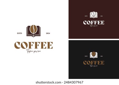 Granos de café con diseño de logotipo de libro abierto, ideal para una cafetería, cafetería o educación. idea de Plantilla de Ilustración vectorial
