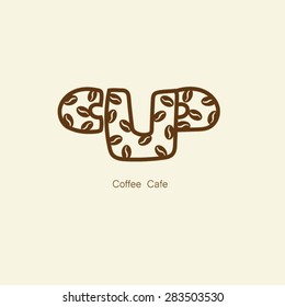 Coffee beans with outline CUP logo vector.