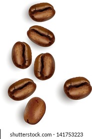 Coffee beans over a white background