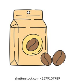 Coffee Beans Pack Doodle Illustration, A rectangular coffee bean packaging with a label and coffee beans beside it.