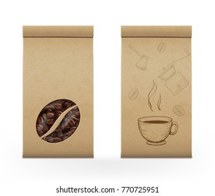 Coffee beans in the package. Background for food and drinks. Template for brand name. Stock vector illustration.