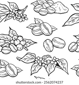 Coffee beans pattern design in hand drawn line art style. Isolated on a white background.