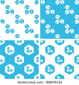 Coffee beans patterns set, simple and hexagon, blue and white