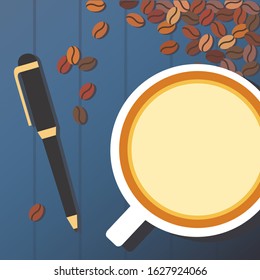 Coffee beans, pen and cup of coffee with thick foam where you can place your text. Top View. Space for lettering or drawing on coffee foam. Stock vector illustration.