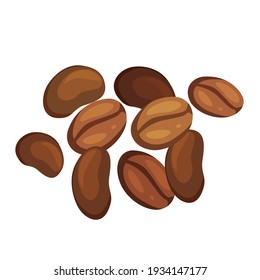 Coffee beans pile cartoon illustration. Robusta, arabica. Cappuccino, mocha, espresso, latte, chocolate ingredient. Aromatic beverage with caffeine. Vector isolated on white background.