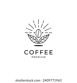 coffee beans with plant branch minimal hipster logo vector with vintage beam variation effect with leaf simple line icon for cafe