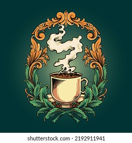 Coffee beans plant with luxury classic frame vector illustrations for your work logo, merchandise t-shirt, stickers and label designs, poster, greeting cards advertising business company or brands