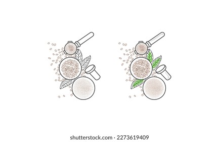 Coffee frijoles y cafetera línea de arte ilustración vectorial. Dibujo de línea de hoja de árbol. Iconos de Barista.