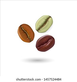 Coffee beans realistic set showing various stages of roasting isolated on white background vector illustration