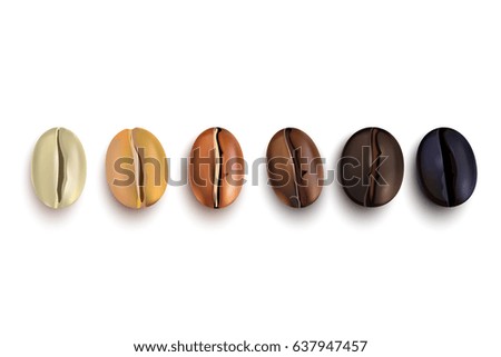 Coffee beans realistic set showing various stages of roasting isolated on white background vector illustration