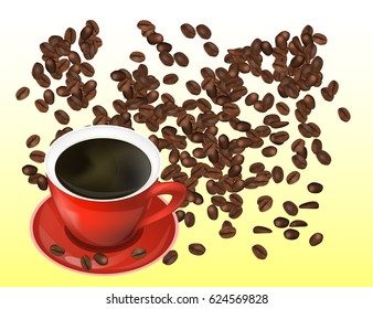 Coffee Beans and Red Coffee Cup Isolated in White Background. Vector Illustration. Eps10.
