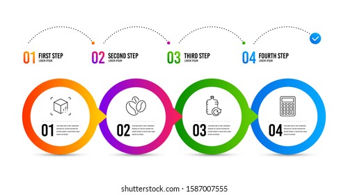 Coffee beans, Refill water and Augmented reality line icons set. Timeline infographic. Calculator sign. Roasted seeds, Cooler bottle, Virtual reality. Accounting device. Business set. Vector