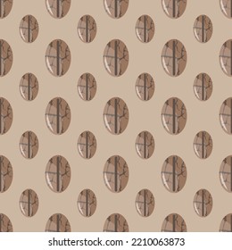 Coffee beans regular seamless pattern. Brown beans in flat style on cappuccino color background. For design, cards, posters. Vector illustration.