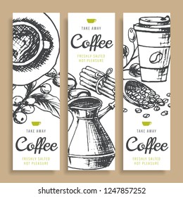 Coffee beans, roasted coffee, background ink hand drawn vector banners. Fresh turkish coffee.