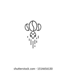 coffee beans as rocket or shuttle icon.  caffeine symbol. Flat vector illustration isolated on white background. Fast food, lunch delivery picrogram. Inspiration, fantasy, creativity, freedom concept