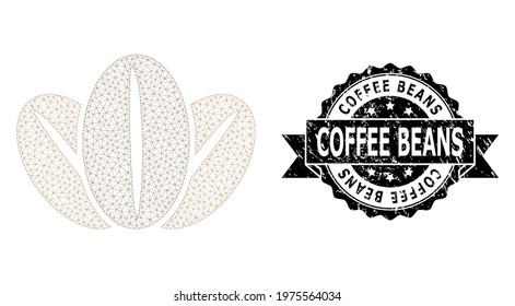 Coffee Beans rubber watermark and vector coffee beans mesh structure. Black stamp contains Coffee Beans tag inside ribbon and rosette. Abstract flat mesh coffee beans, created from flat mesh.