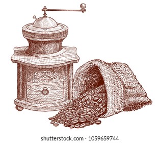 Coffee beans in sack or bag and coffee mill. Hand drawn sketch vector illustration.