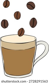 Taza de saco de granos de café Composición de café ilustración dibujada a mano. Vector de línea gráfica de tinta de color de arte. Para el cartel, invitación, telón de fondo, anuncio, promoción de venta, impresión para la camiseta

