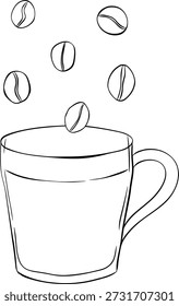 Coffee beans sack bag mug Cafe composition hand drawn illustration. Vector graphic line ink Black white art. For poster, invitation, backdrop, ad, sale promotion, print for t-shirt
