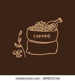 coffee beans in the sack with scoop isolated on brown background. brown outline coffee time. hand drawn vector. doodle coffee for wallpaper, cover, banner, poster, advertisement, clipart. 