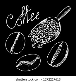 Coffee beans and scoop full of them. White contour hand drawn sketch. Vector illustration isolated on black background. Coffee design elements. Can be used for cards, invitations, print, scrap, menu.