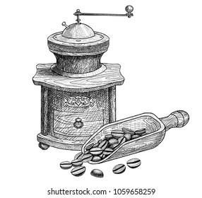 Coffee beans with scoop and coffee mill.