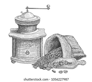 Coffee beans with scoop and sack for coffee.