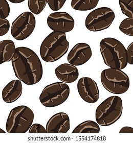 Coffee beans seamless pattern in abstract style. Vector hand drawing illustration. Roasted beans closeup. Coffee seamless pattern, great design for any purposes