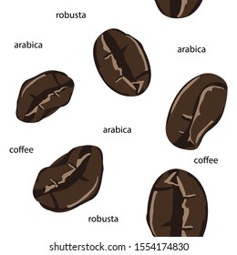 Coffee beans seamless pattern in abstract style. Vector hand drawing illustration. Roasted beans closeup. Coffee seamless pattern, great design for any purposes