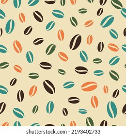Coffee beans seamless pattern. Coffee background in retro color. Coffee shop design for print on wrapping paper, wallpaper, packaging, menu. Vector illustration