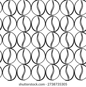 Coffee beans seamless pattern background. Cafe closeup seamless pattern. hand drawn illustration. Vector graphic line ink black white art. Perfect for fabrics, textile, wallpaper, and decor.
