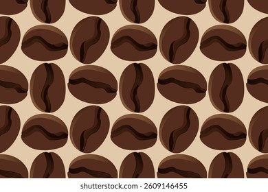 A coffee beans seamless pattern. A brown coffee background. A coffee beans close-up illustration. 