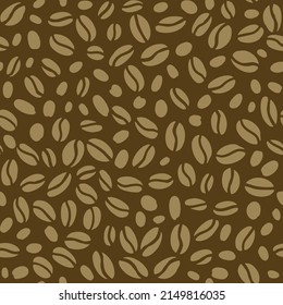 Coffee beans seamless pattern. Hand drawn beige color seeds of coffee randomly placed on brown background.