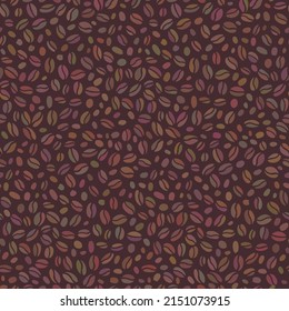 Coffee beans seamless pattern. Hand drawn colorful seeds of coffee randomly placed on brown background.