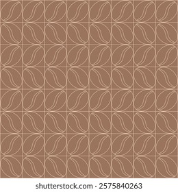 Coffee beans seamless pattern in linear style on brown background. Vector flat illustration