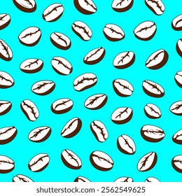 Coffee beans seamless pattern. Coffee beans motif on blue background for coffee shop background, packaging, wrapper